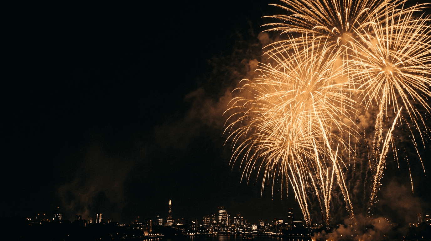 Fuochi d’artificio dorati sopra lo skyline di una città di notte